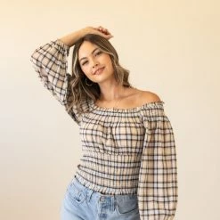 Promesa Life Story Plaid OTS Top By For Good Featured