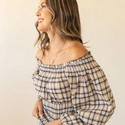 Promesa Life Story Plaid OTS Top By For Good Featured