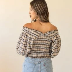 Promesa Life Story Plaid OTS Top By For Good Featured
